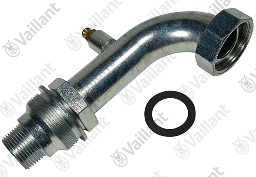 Vaillant Rohr mit abgewinkeltem Ende und Gewindeanschluss, inklusive Gummidichtung. Metallisch glänzende Oberfläche.